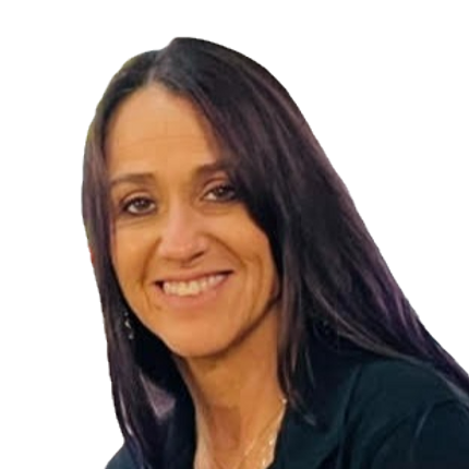 Smiling woman with long dark hair wearing a black top against a plain background.